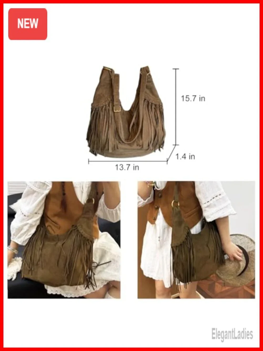 Vintage Y2K Faux Suede Hobo Crescent Fringe Tote Crossbody Shoulder Bag